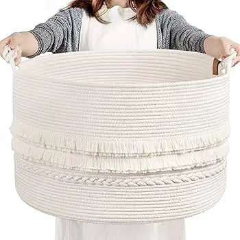 Handmade Cotton Rope Storage Basket with Tassels | Nursery Toy Organizer & Laundry Hamper