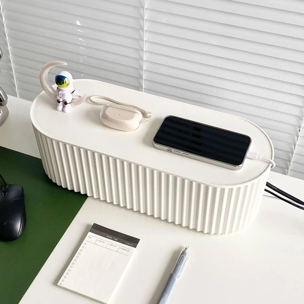 Aesthetic Cable Management Box | Large Cord Organizer with Natural Bamboo Lid