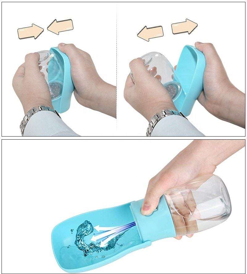 Portable pet water bottle fold-out tray instructions
