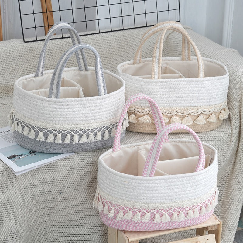 Handmade Cotton Rope Storage Basket with Tassels | Nursery Toy Organizer & Laundry Hamper